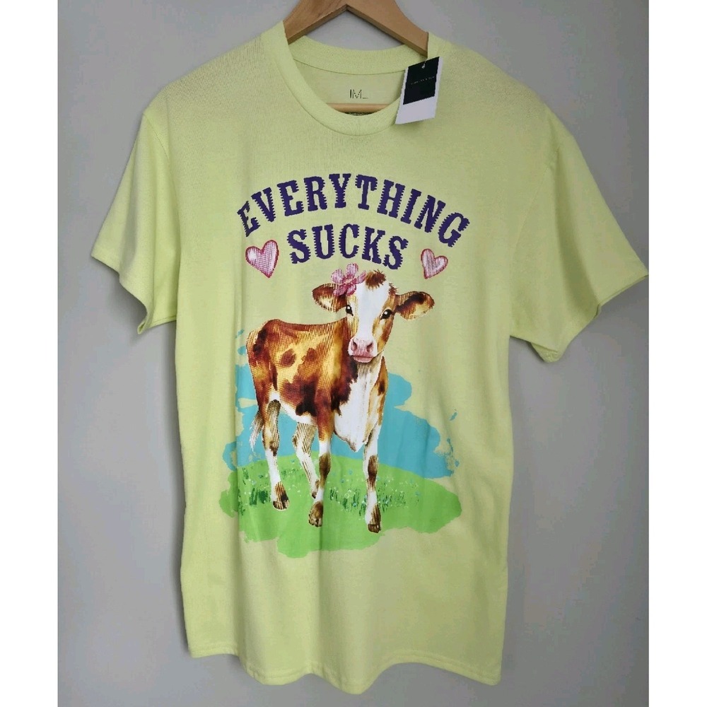 IML Isaac Morris Cow Graphic Tee "Everything Sucks" Green M NWT Cute